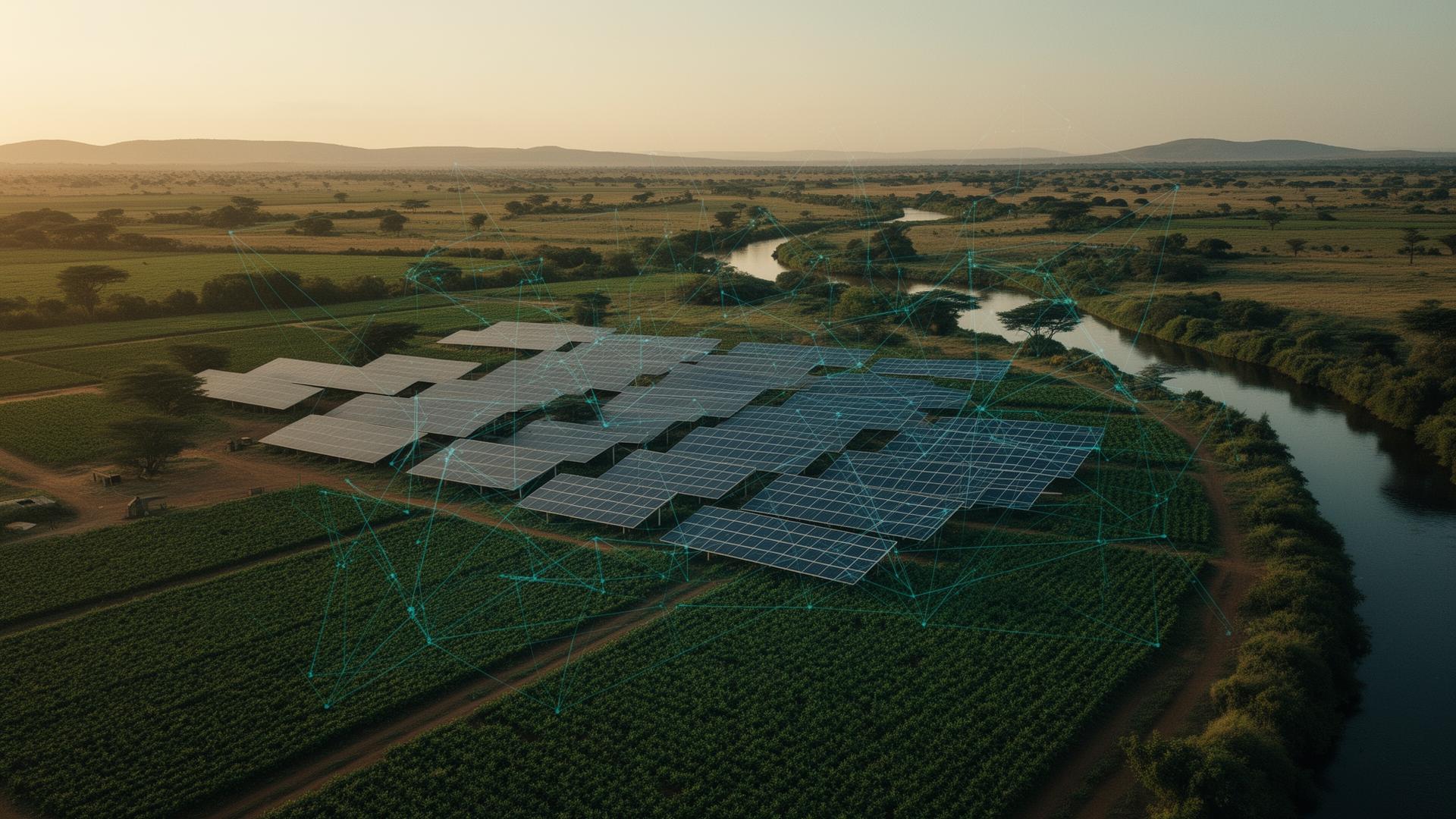 Solar fields and rivers across the Horn of Africa overlaid with a digital network